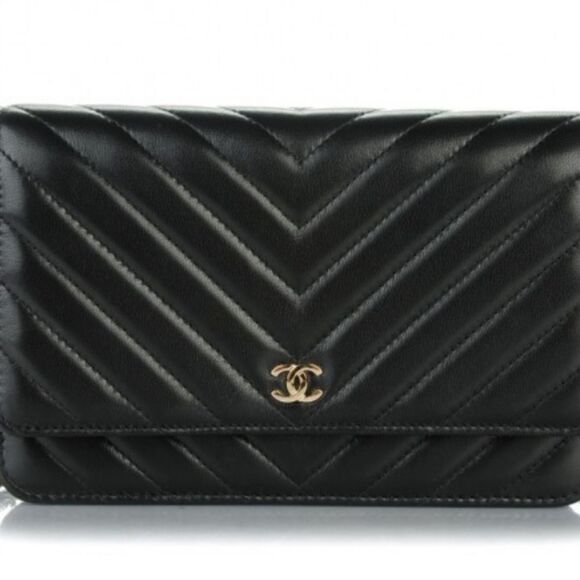 CHANEL Lambskin Chevron Wallet On Chain WOC Black w/ Dust Bag - Picture 2 of 11